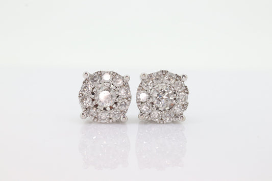 Diamond HALO 1ct Diamond Cluster Earrings. 14k White Gold Daisy stud earrings. Diamond Stud 14k Gold Earrings. st(161)