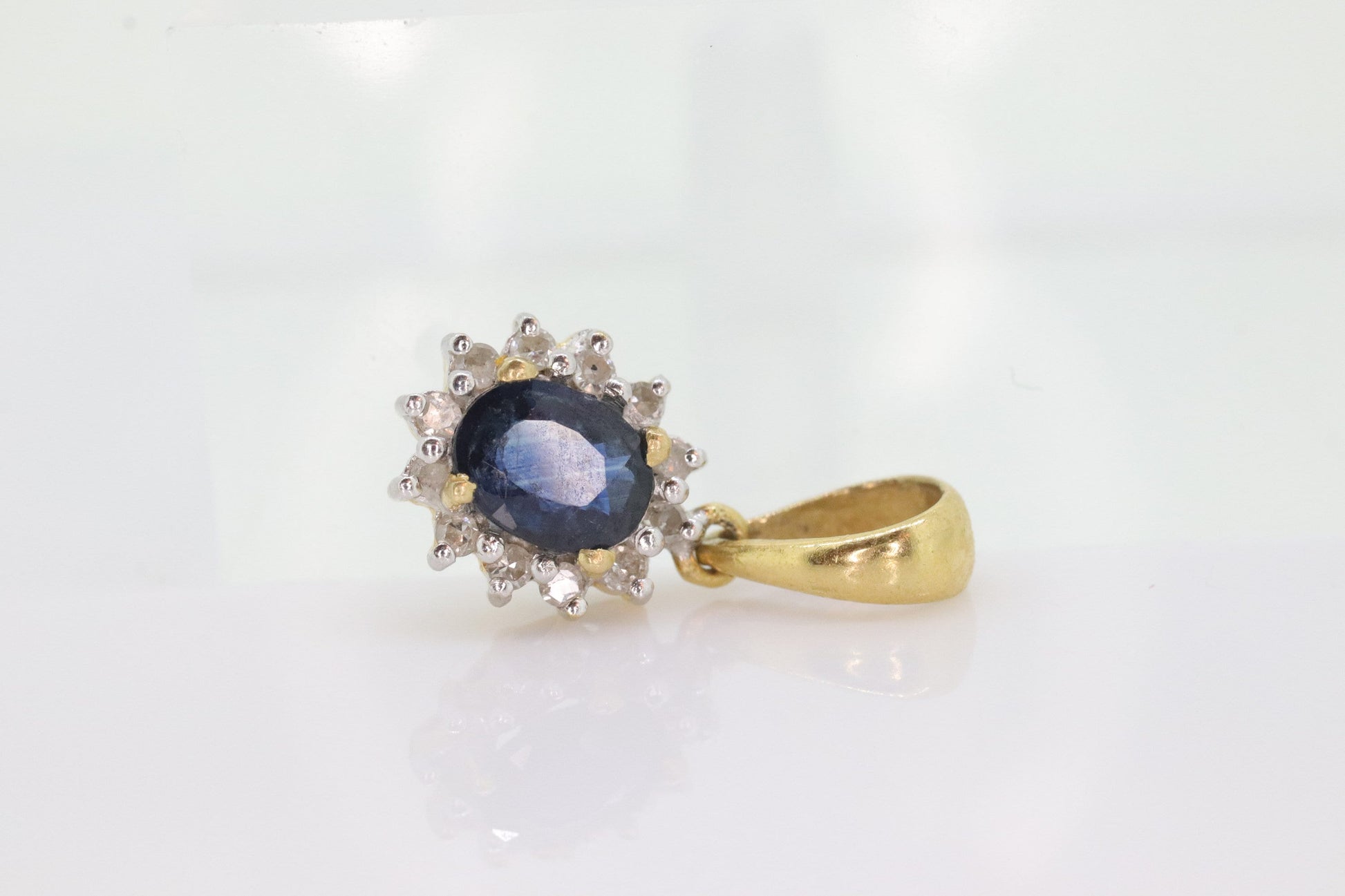 Blue Genuine Sapphire and diamond halo pendant. 14k precious dainty oval sapphire pendant. st(28)
