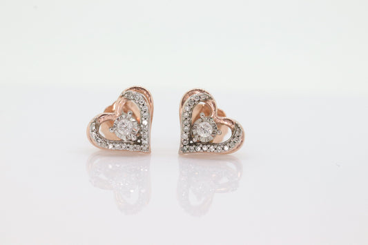 10k Open Heart Rose Gold Diamond Stud earrings. Halo set diamond earrings. st(115)