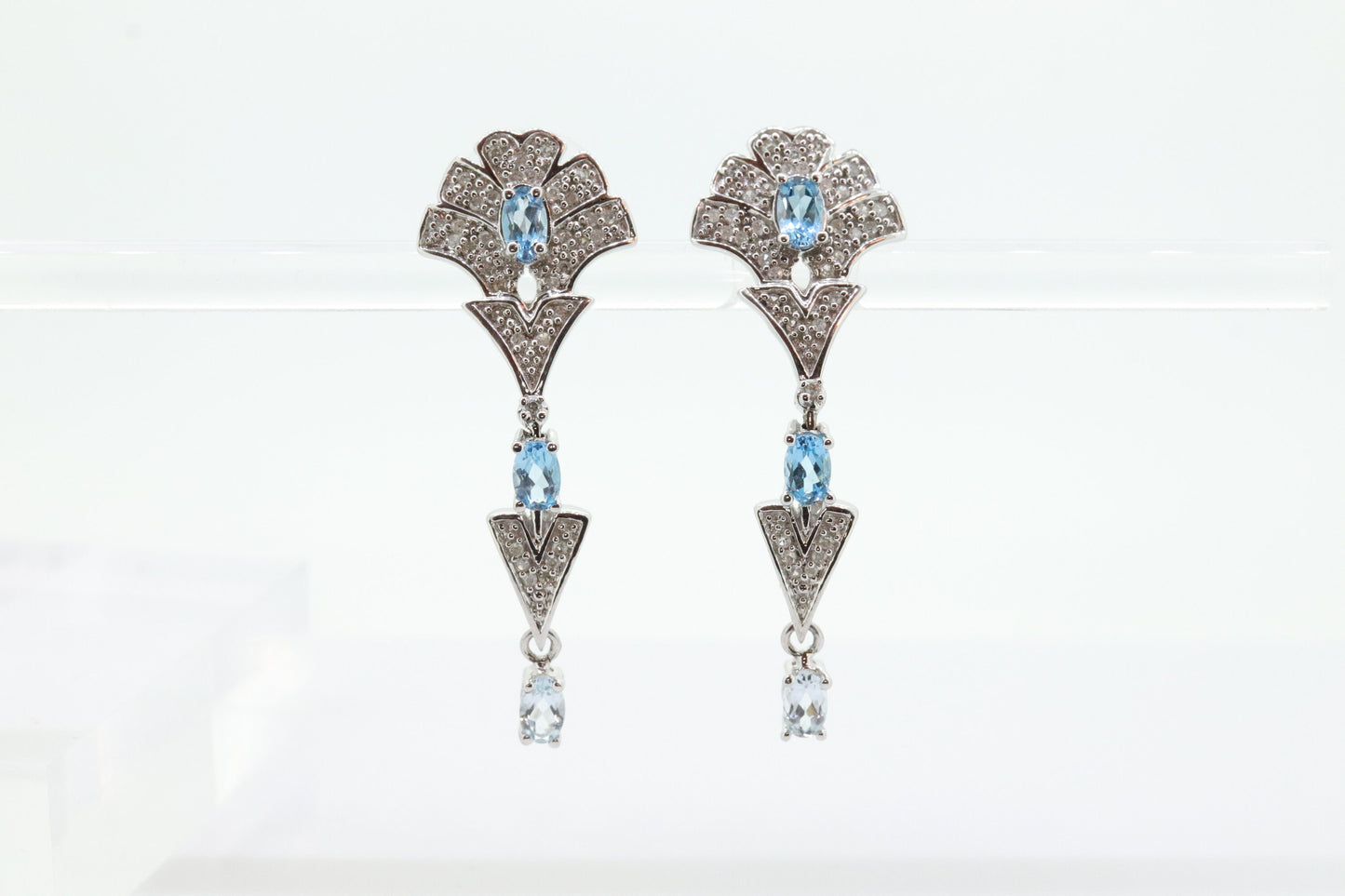 14k Blue TOPAZ and Diamond Dangle earrings. Blue Topaz Princess Earrings. 14k Chandelier Earrings. Lavalier st(142)