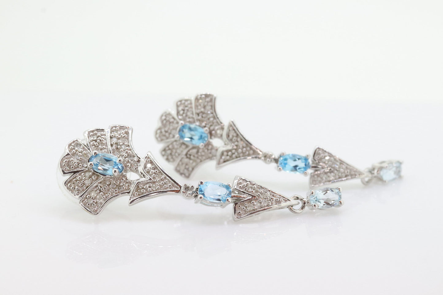 14k Blue TOPAZ and Diamond Dangle earrings. Blue Topaz Princess Earrings. 14k Chandelier Earrings. Lavalier st(142)