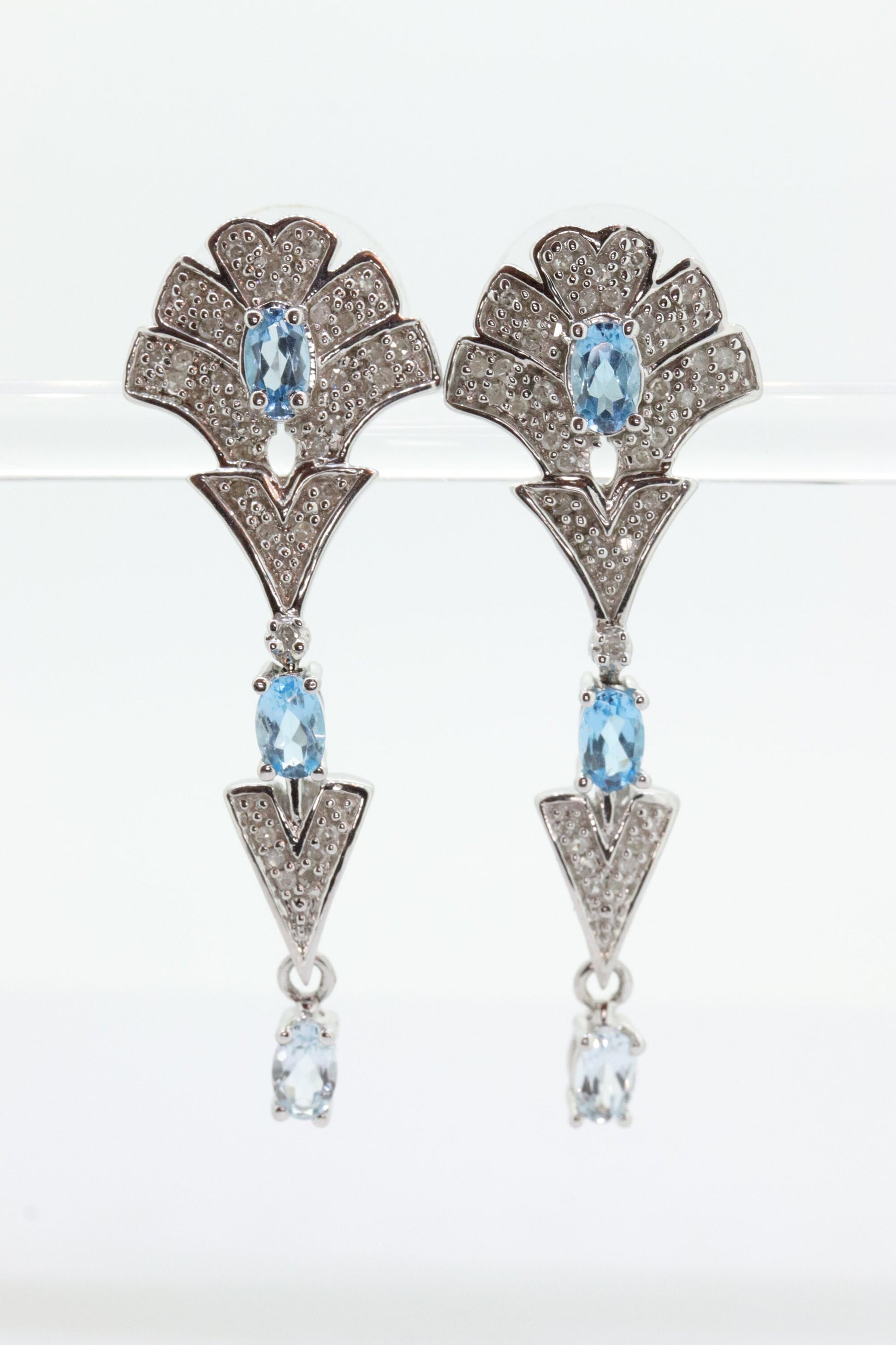 14k Blue TOPAZ and Diamond Dangle earrings. Blue Topaz Princess Earrings. 14k Chandelier Earrings. Lavalier st(142)