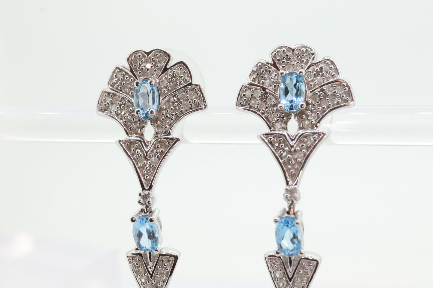 14k Blue TOPAZ and Diamond Dangle earrings. Blue Topaz Princess Earrings. 14k Chandelier Earrings. Lavalier st(142)