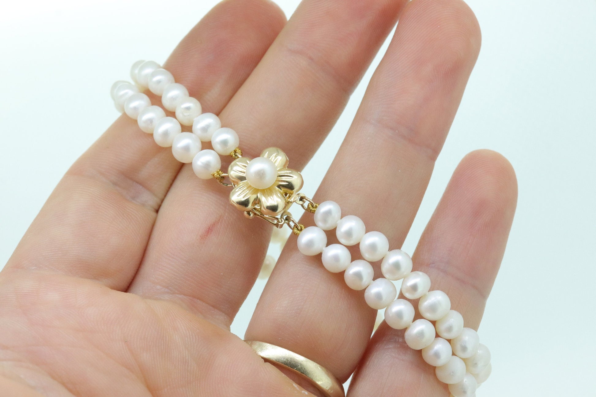 Pearl Bracelet Double Strand Pearls 14k yellow gold Pearl clasp. Flower Pearl Clasp Bracelet. Pearl Bracelet st(63)