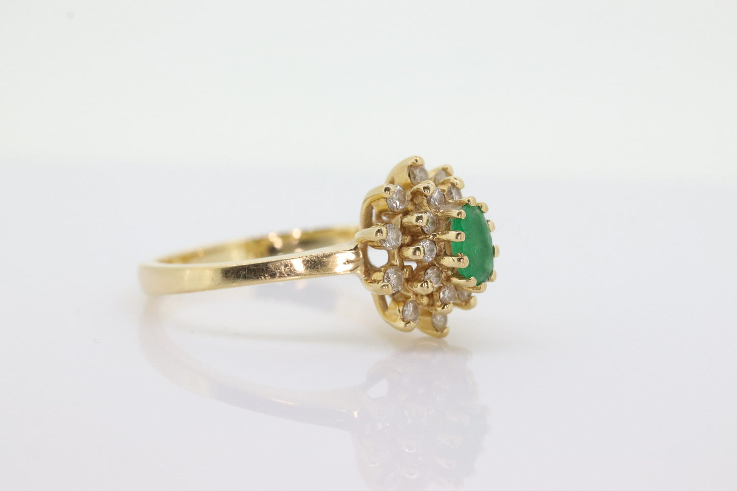 14k Emerald and Diamond Halo yellow gold ring. Emerald and Diamond Cluster ring. (15)(00.130)