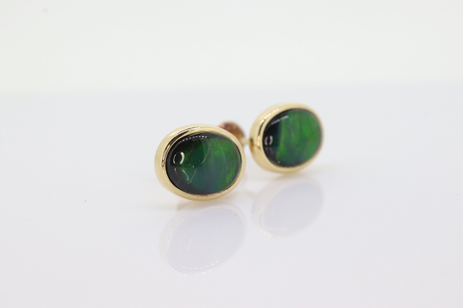 14k Oval Bezel Set Ammolite Earrings. Ammolite Fossil stud Earrings. st70