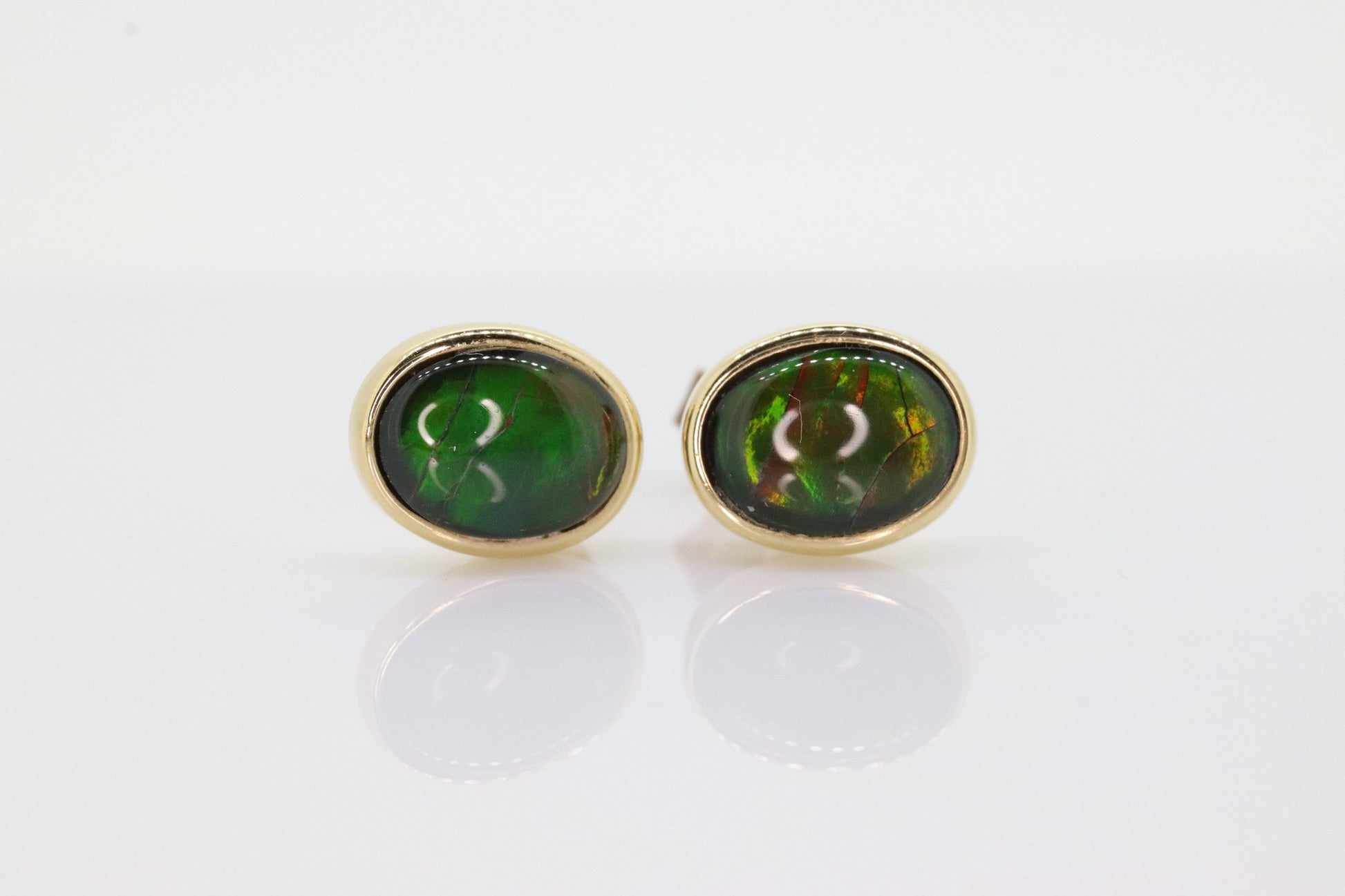 14k Oval Bezel Set Ammolite Earrings. Ammolite Fossil stud Earrings. st70