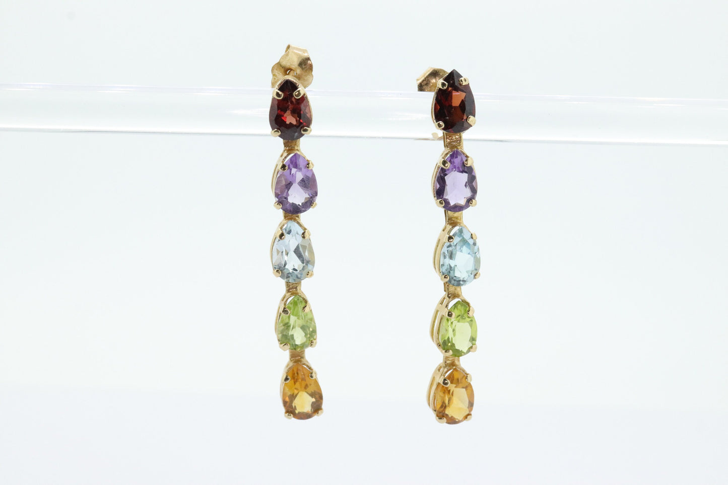 14k Multi-Color Gem Dangle EARRINGS. Pear Topaz Citrine Garnet Peridot Amethyst Tennis Dangle earrings (st108)