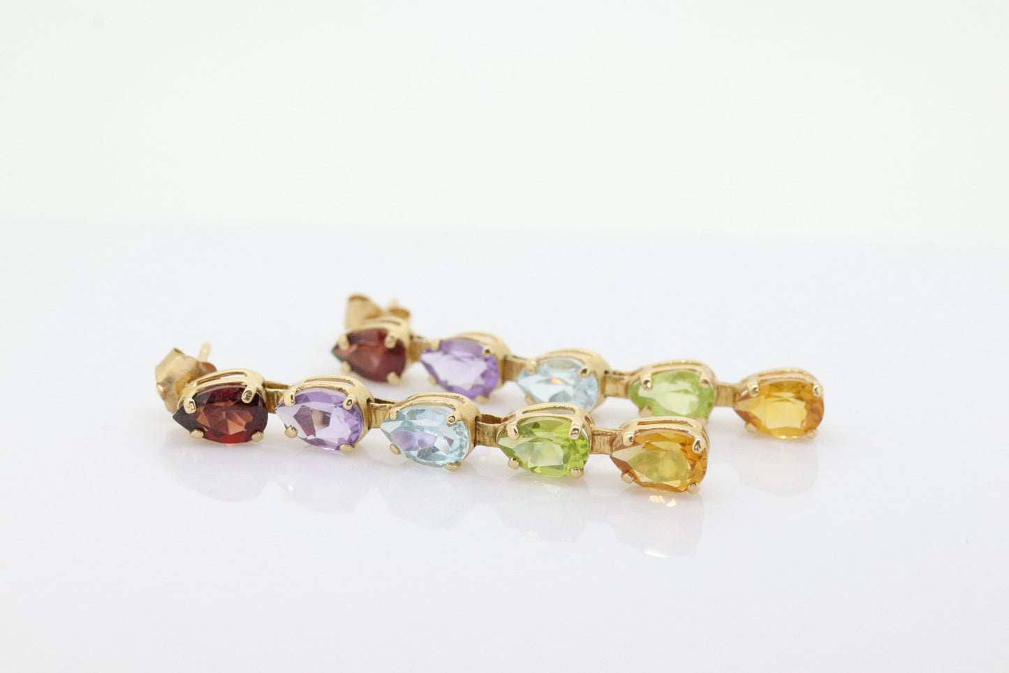 14k Multi-Color Gem Dangle EARRINGS. Pear Topaz Citrine Garnet Peridot Amethyst Tennis Dangle earrings (st108)