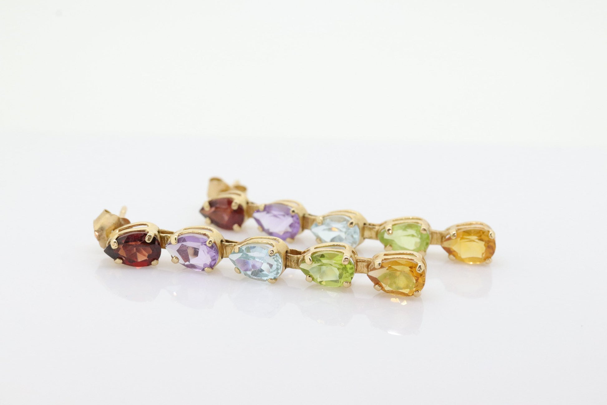 14k Multi-Color Gem Dangle EARRINGS. Pear Topaz Citrine Garnet Peridot Amethyst Tennis Dangle earrings (st108)