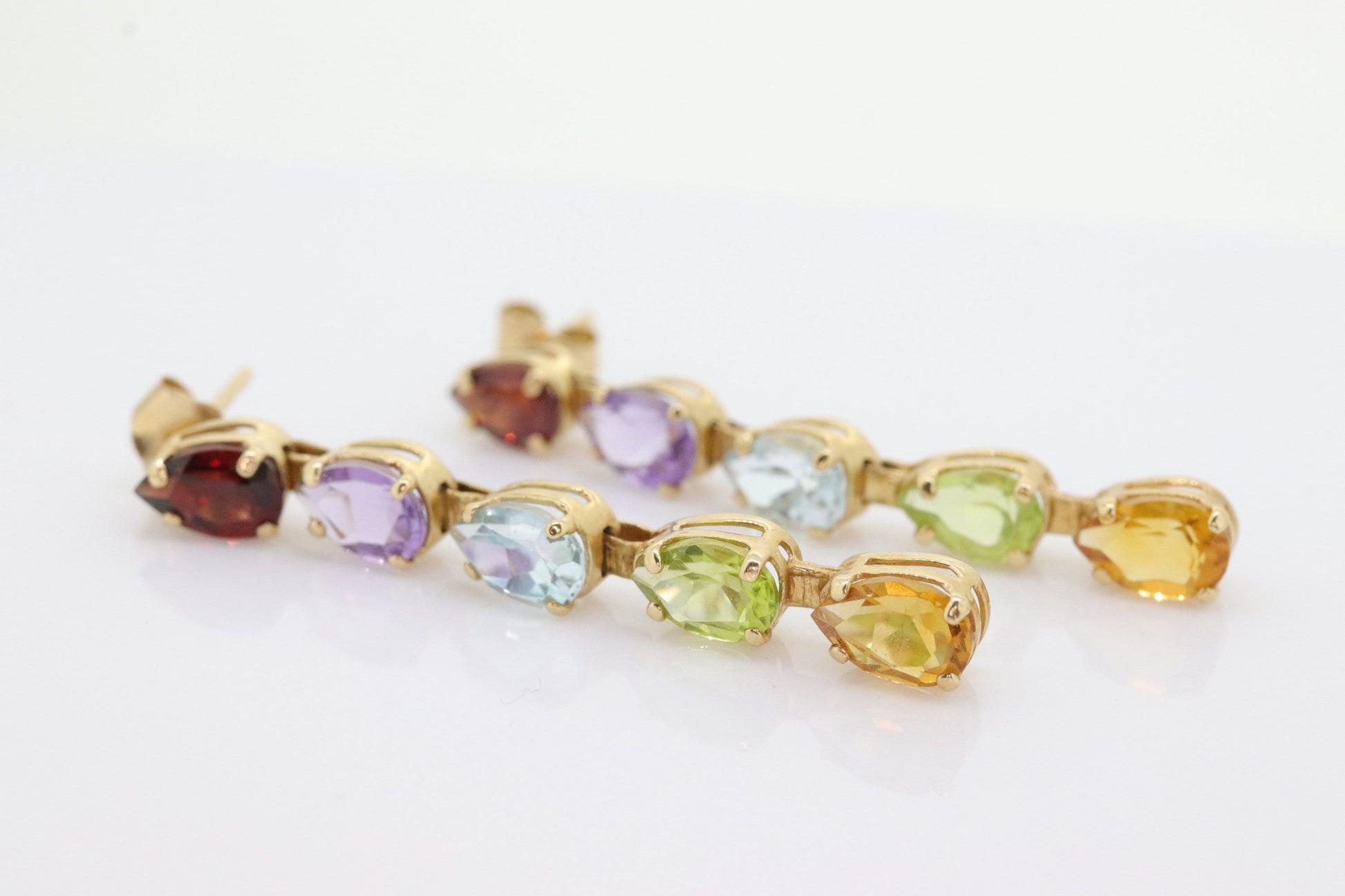 14k Multi-Color Gem Dangle EARRINGS. Pear Topaz Citrine Garnet Peridot Amethyst Tennis Dangle earrings (st108)