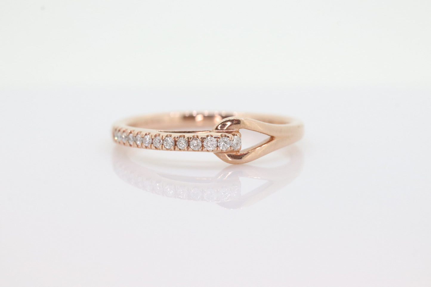 10k Pave Diamond Buckle Ring. Rose Gold diamond Hook KNOT ring. 10k Rose Gold encrusted stacking band. st(161)