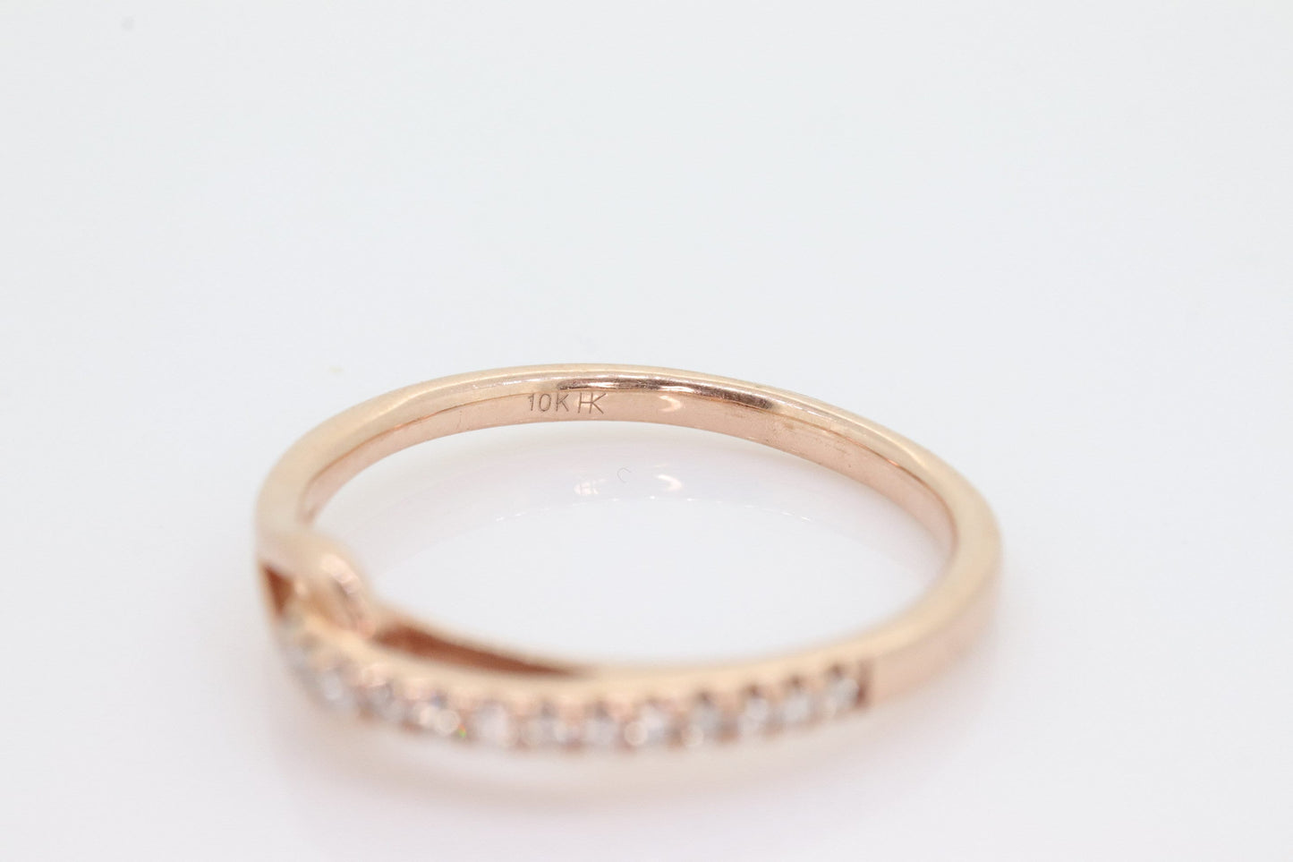 10k Pave Diamond Buckle Ring. Rose Gold diamond Hook KNOT ring. 10k Rose Gold encrusted stacking band. st(161)