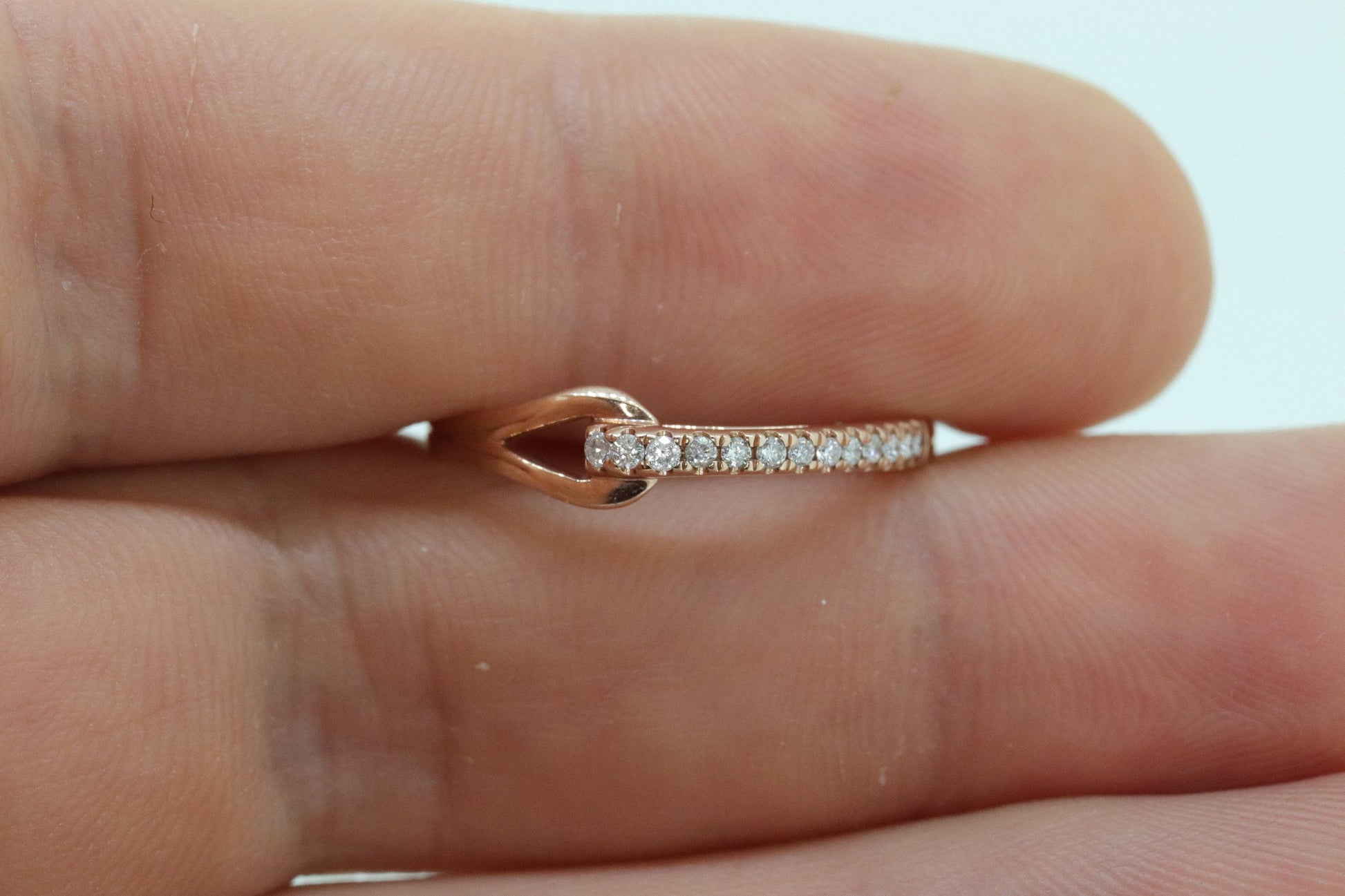 10k Pave Diamond Buckle Ring. Rose Gold diamond Hook KNOT ring. 10k Rose Gold encrusted stacking band. st(161)