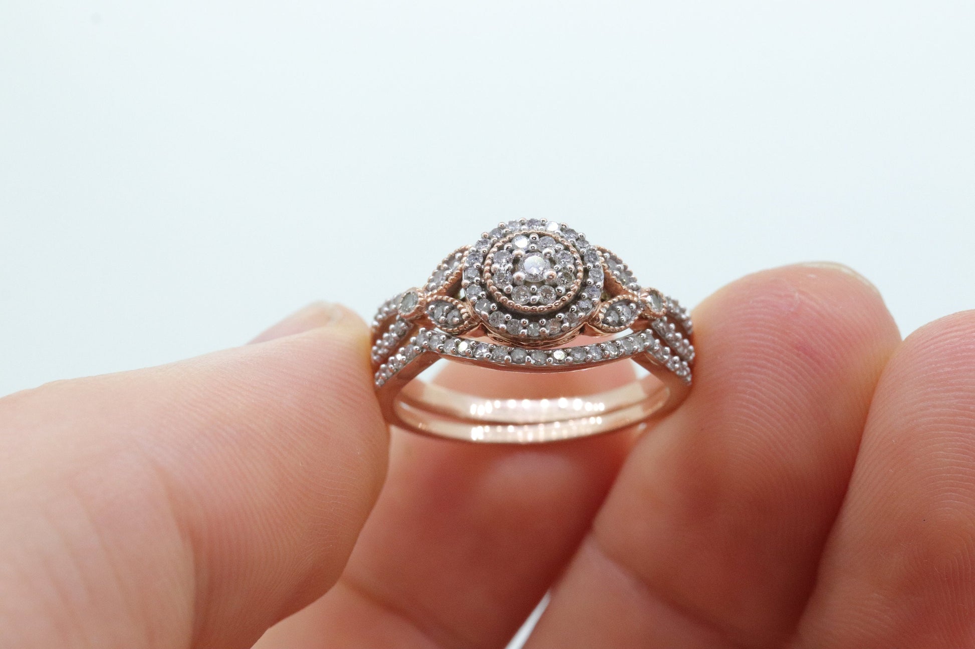 10k Rose Gold Diamond Wedding Ring set. Diamond Cluster Halo Wedding Set. Engagement set. Bridal Set rings. Eternity band. st(184)