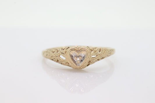 10k Heart Diamond ring. 10k yellow gold Filigree diamond band. Tiny Diamond Heart ring. st(75)