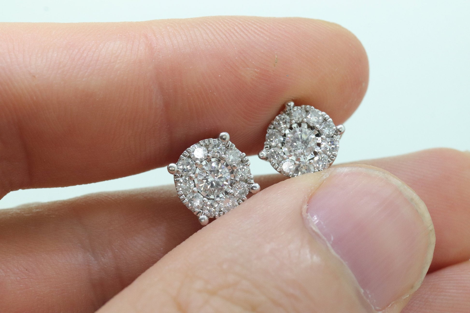 Diamond HALO 1ct Diamond Cluster Earrings. 14k White Gold Daisy stud earrings. Diamond Stud 14k Gold Earrings. st(161)