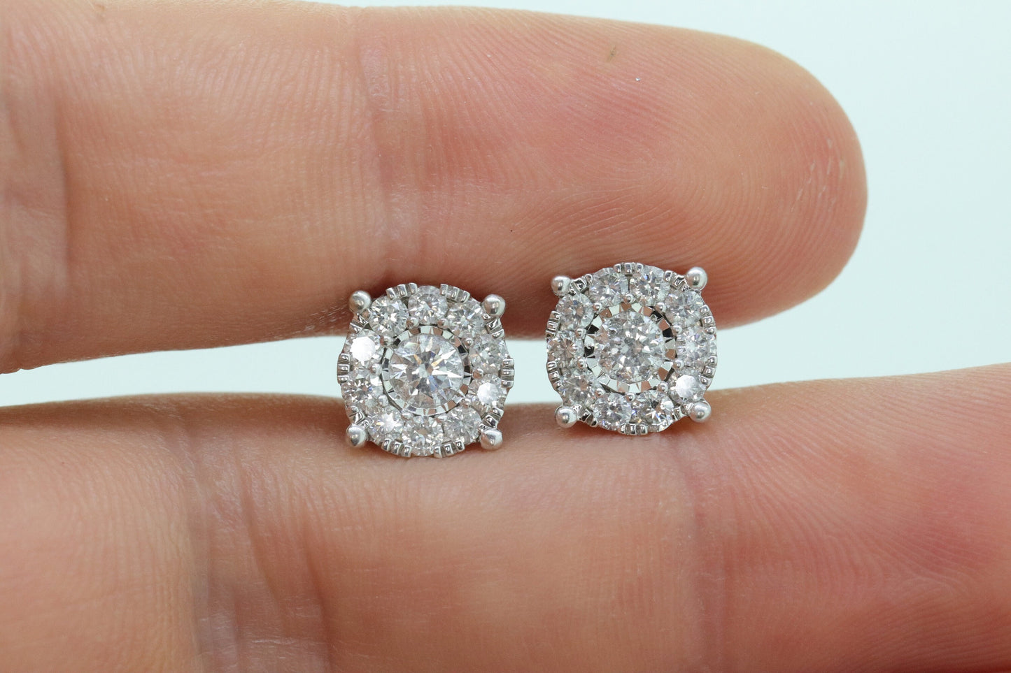 Diamond HALO 1ct Diamond Cluster Earrings. 14k White Gold Daisy stud earrings. Diamond Stud 14k Gold Earrings. st(161)