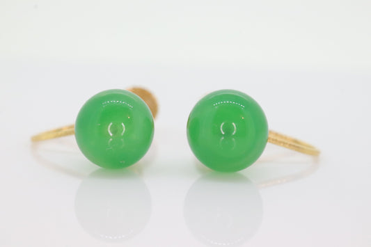 14k Apple Green Marble Screw on earrings. Sphere ball earrings. Non Pierced clips st(30/67)