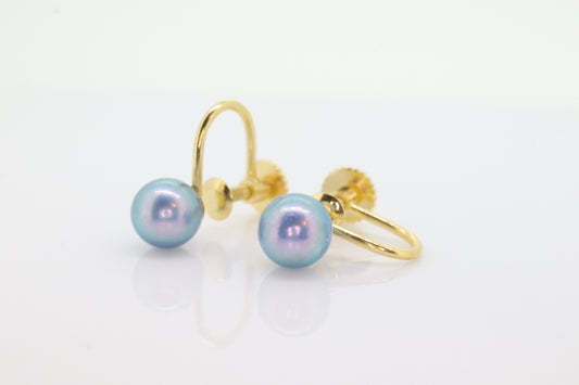 18k Blue PEARL EARRINGS. 18k Yellow gold Pearl earrings. Non-Pierced Screw Clips Clip ons. Tension earrings. st(86)
