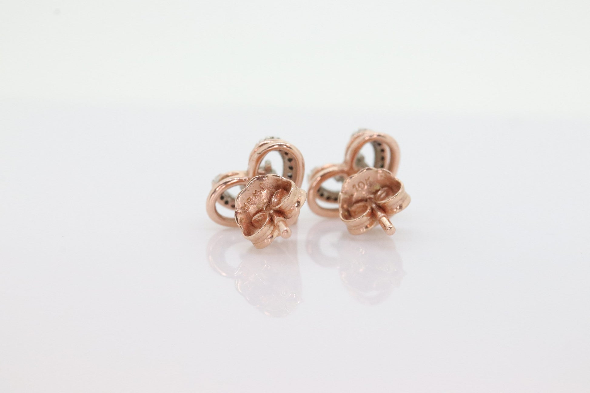 10k Open Heart Rose Gold Diamond Stud earrings. Halo set diamond earrings. st(115)