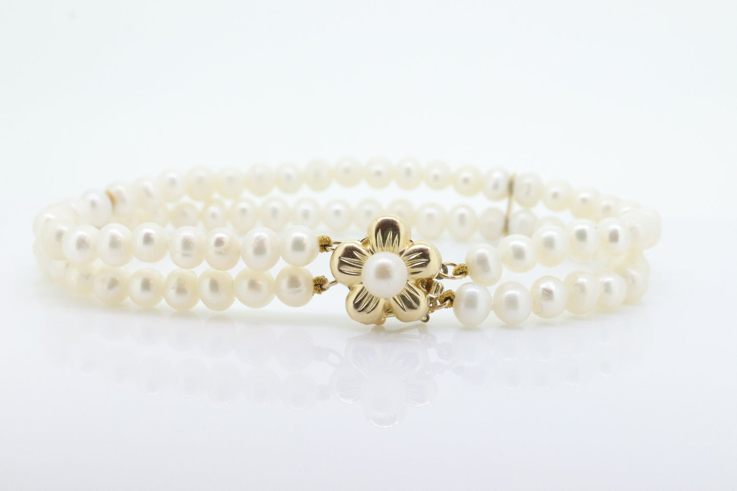 Pearl Bracelet Double Strand Pearls 14k yellow gold Pearl clasp. Flower Pearl Clasp Bracelet. Pearl Bracelet st(63)