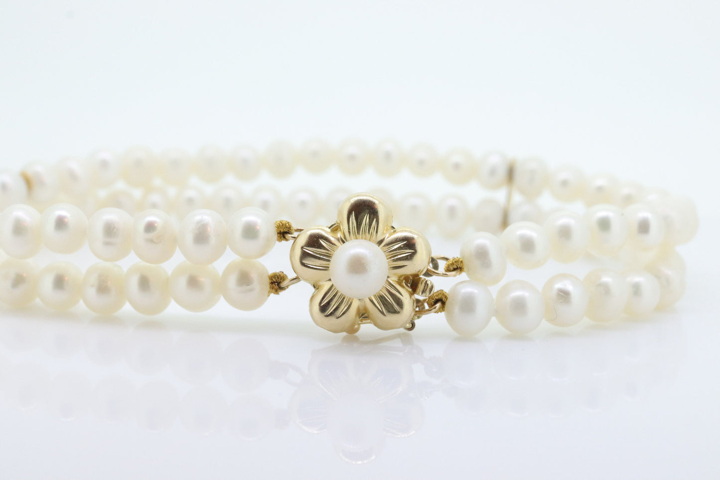 Pearl Bracelet Double Strand Pearls 14k yellow gold Pearl clasp. Flower Pearl Clasp Bracelet. Pearl Bracelet st(63)