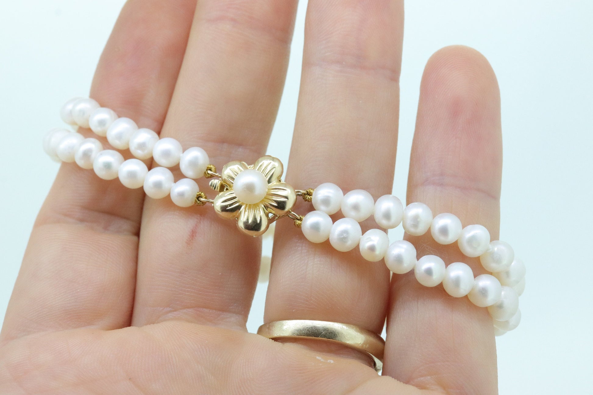 Pearl Bracelet Double Strand Pearls 14k yellow gold Pearl clasp. Flower Pearl Clasp Bracelet. Pearl Bracelet st(63)