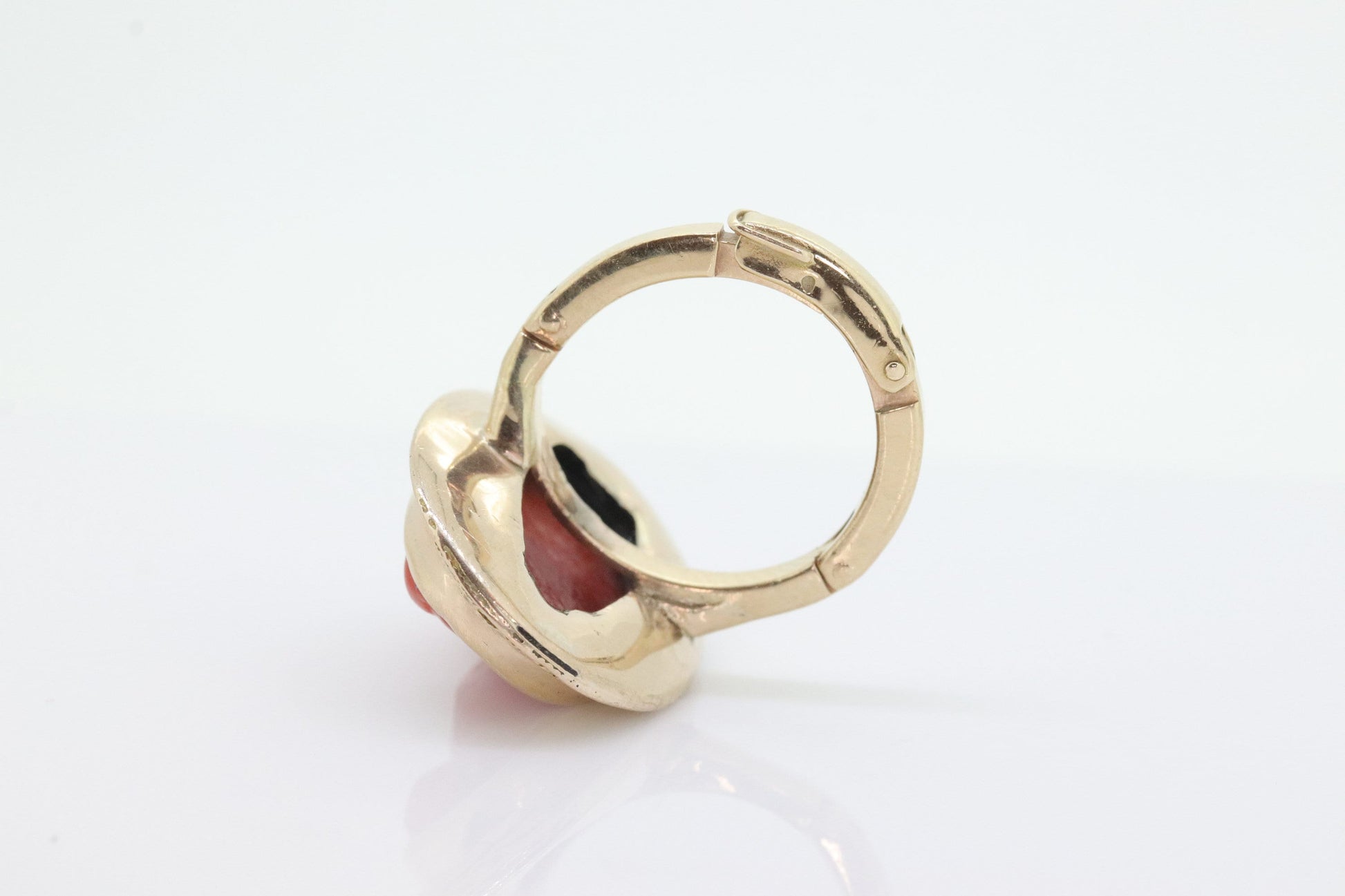 Carved Coral cameo bezel ring. 14k Gold Arthritic Knuckle Fit ring. Finger Fit 14k Shank. Adjustable Fat Knuckle ring. st(225)