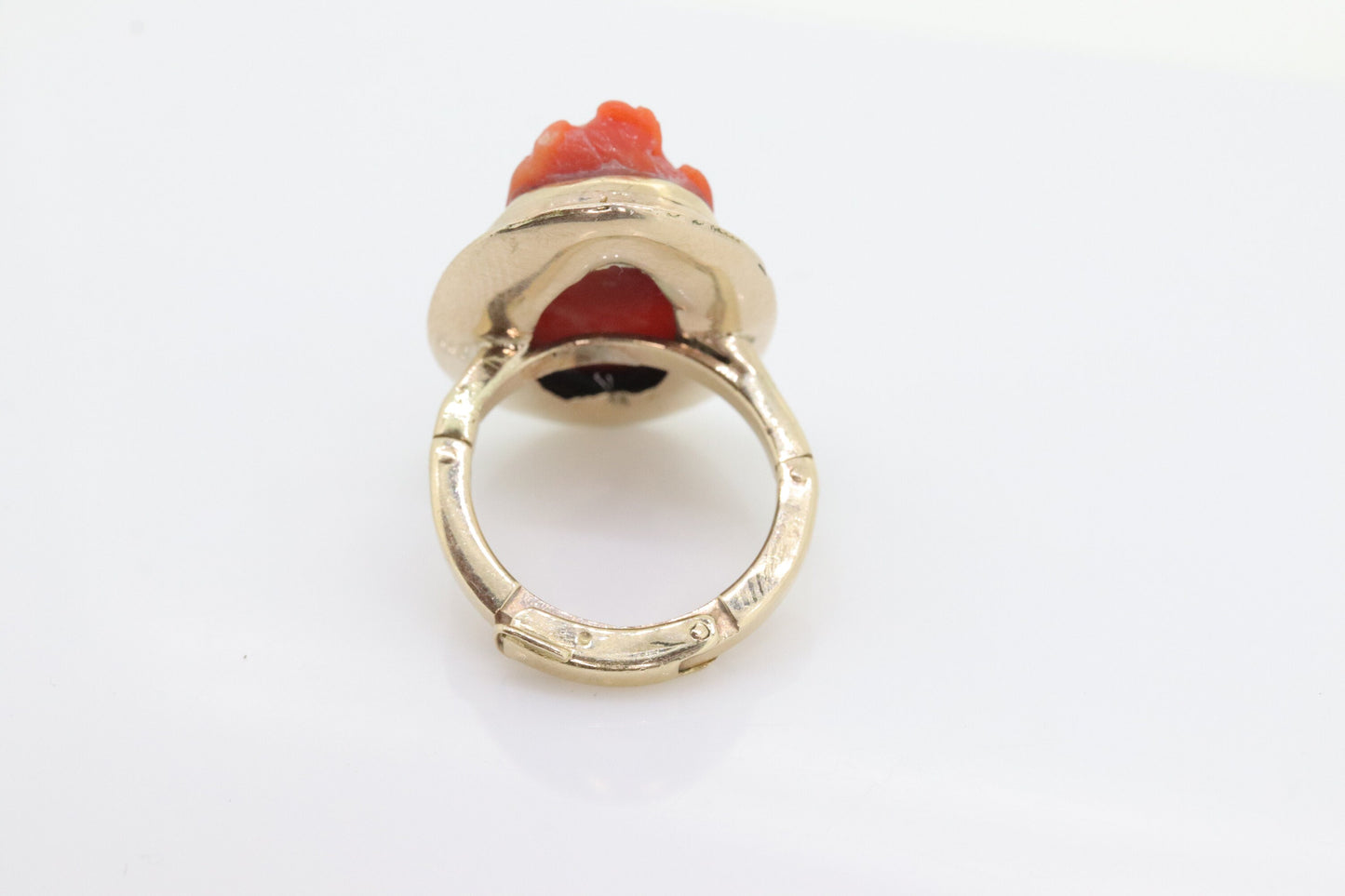 Carved Coral cameo bezel ring. 14k Gold Arthritic Knuckle Fit ring. Finger Fit 14k Shank. Adjustable Fat Knuckle ring. st(225)