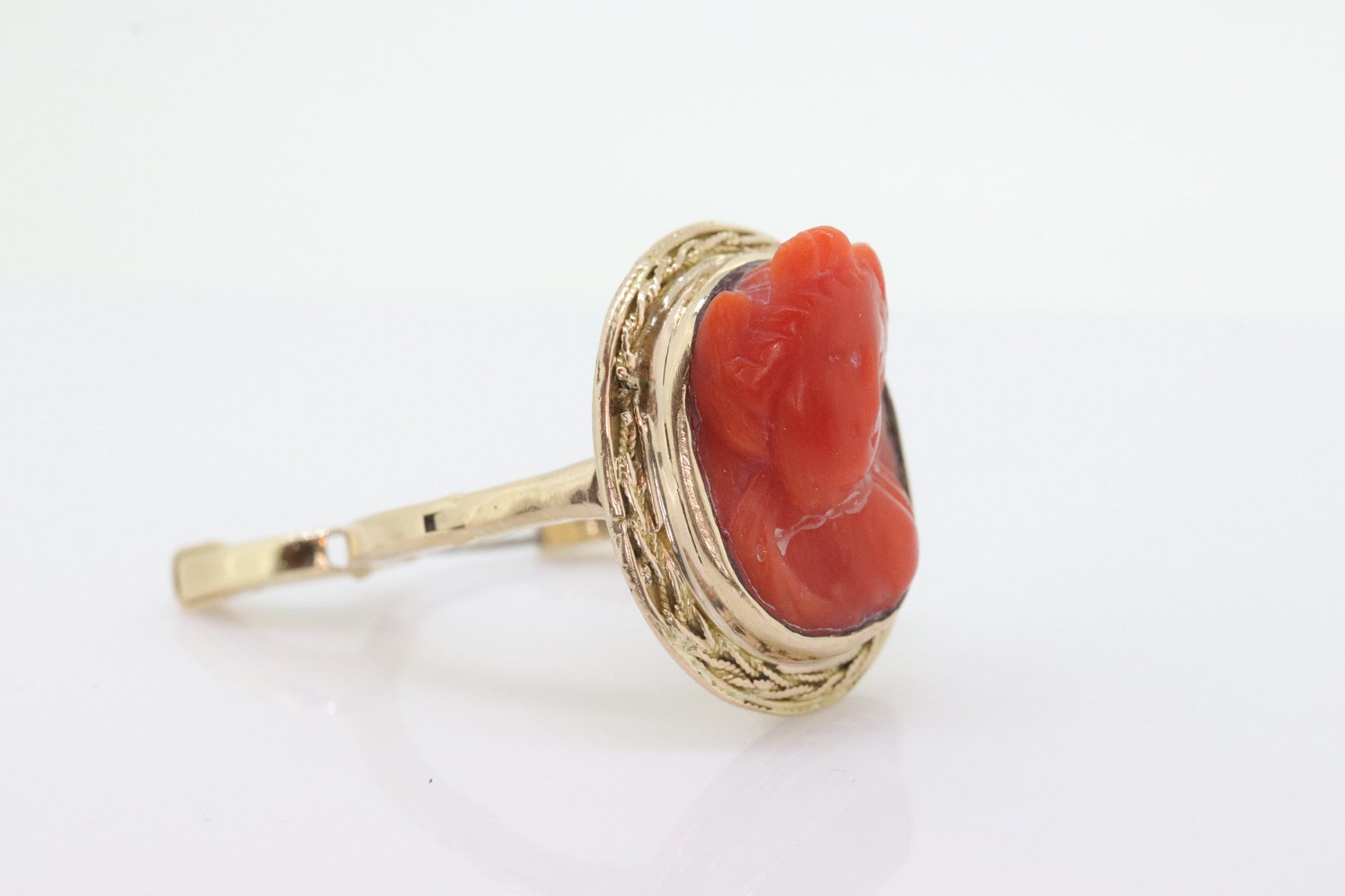 Carved Coral cameo bezel ring. 14k Gold Arthritic Knuckle Fit ring. Finger Fit 14k Shank. Adjustable Fat Knuckle ring. st(225)