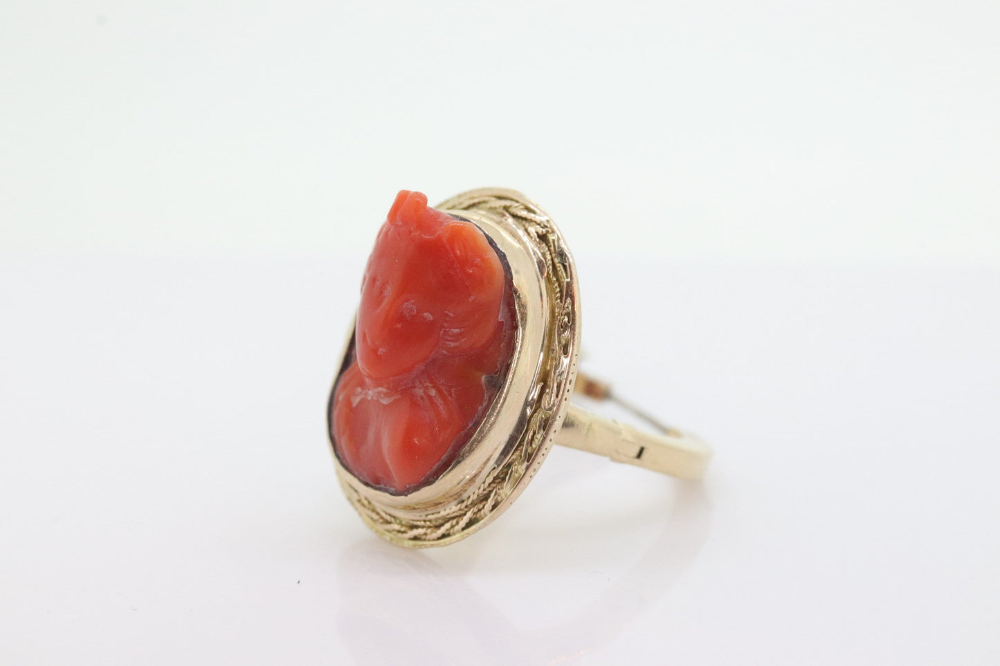 Carved Coral cameo bezel ring. 14k Gold Arthritic Knuckle Fit ring. Finger Fit 14k Shank. Adjustable Fat Knuckle ring. st(225)