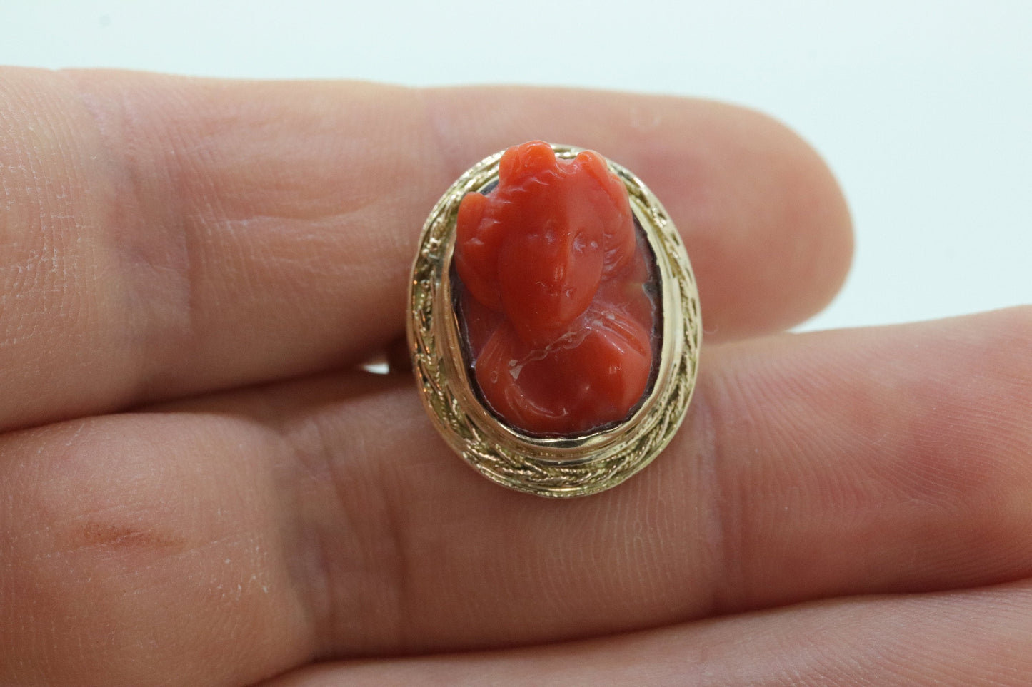 Carved Coral cameo bezel ring. 14k Gold Arthritic Knuckle Fit ring. Finger Fit 14k Shank. Adjustable Fat Knuckle ring. st(225)