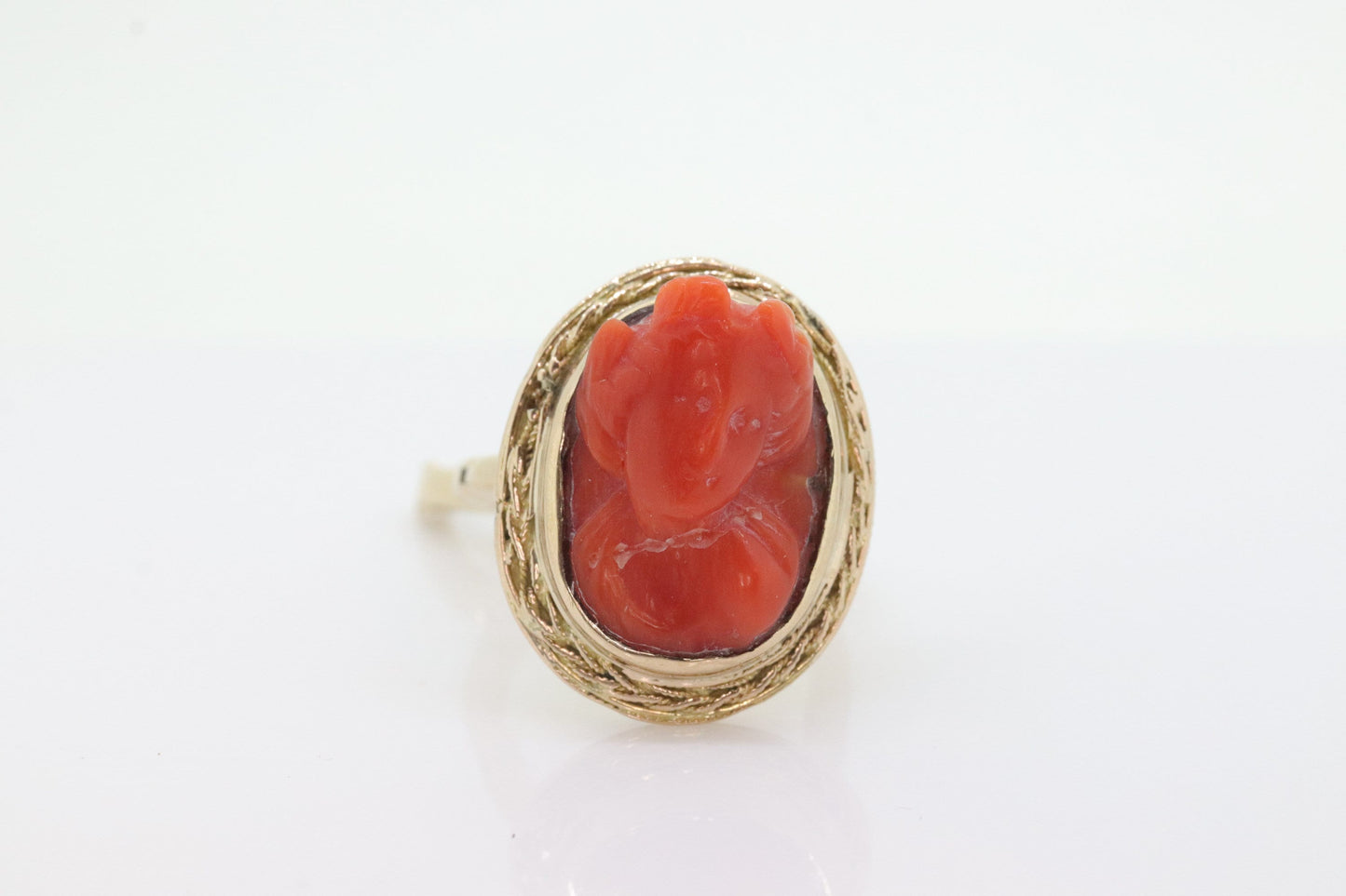 Carved Coral cameo bezel ring. 14k Gold Arthritic Knuckle Fit ring. Finger Fit 14k Shank. Adjustable Fat Knuckle ring. st(225)