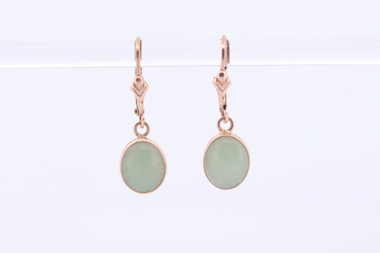 14k Green Jade dangle earrings. Oval Bezel set Jade earrings. st(78)