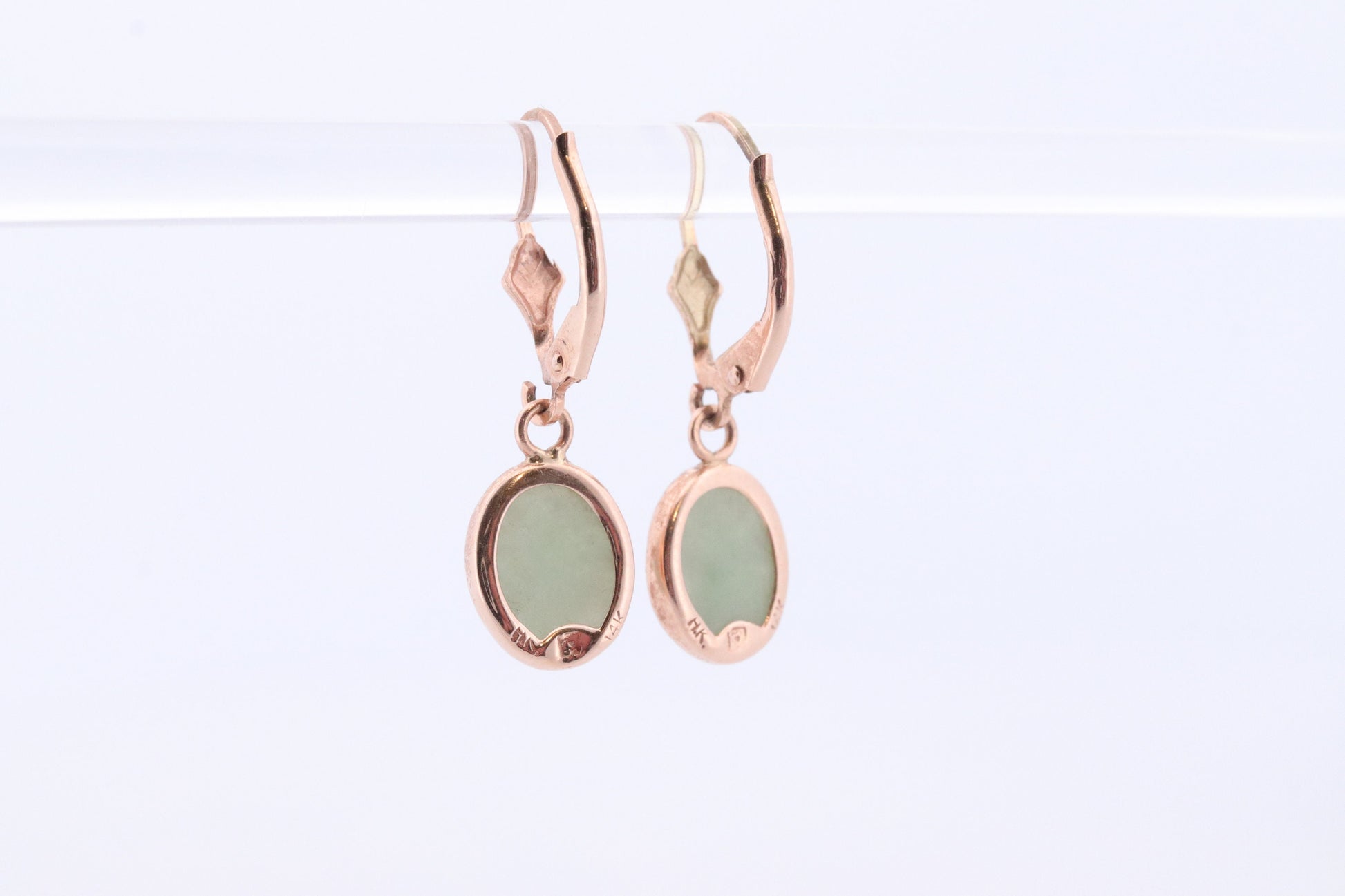 14k Green Jade dangle earrings. Oval Bezel set Jade earrings. st(78)