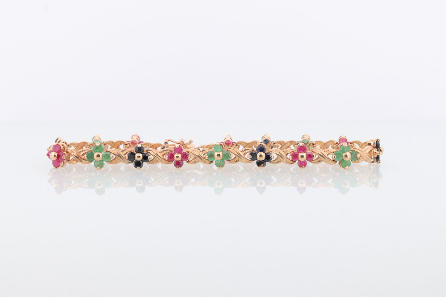 14k Multi-Color Gem Bracelet. Heavy XOXO Round Ruby Emerald Sapphire Flower Cluster arrangement Kiss Hug bracelet. (st215)