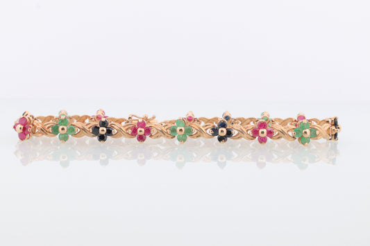 14k Multi-Color Gem Bracelet. Heavy XOXO Round Ruby Emerald Sapphire Flower Cluster arrangement Kiss Hug bracelet. (st215)