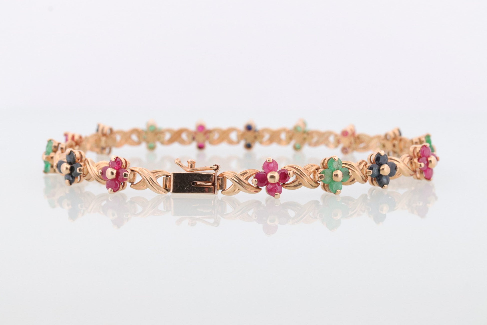 14k Multi-Color Gem Bracelet. Heavy XOXO Round Ruby Emerald Sapphire Flower Cluster arrangement Kiss Hug bracelet. (st215)