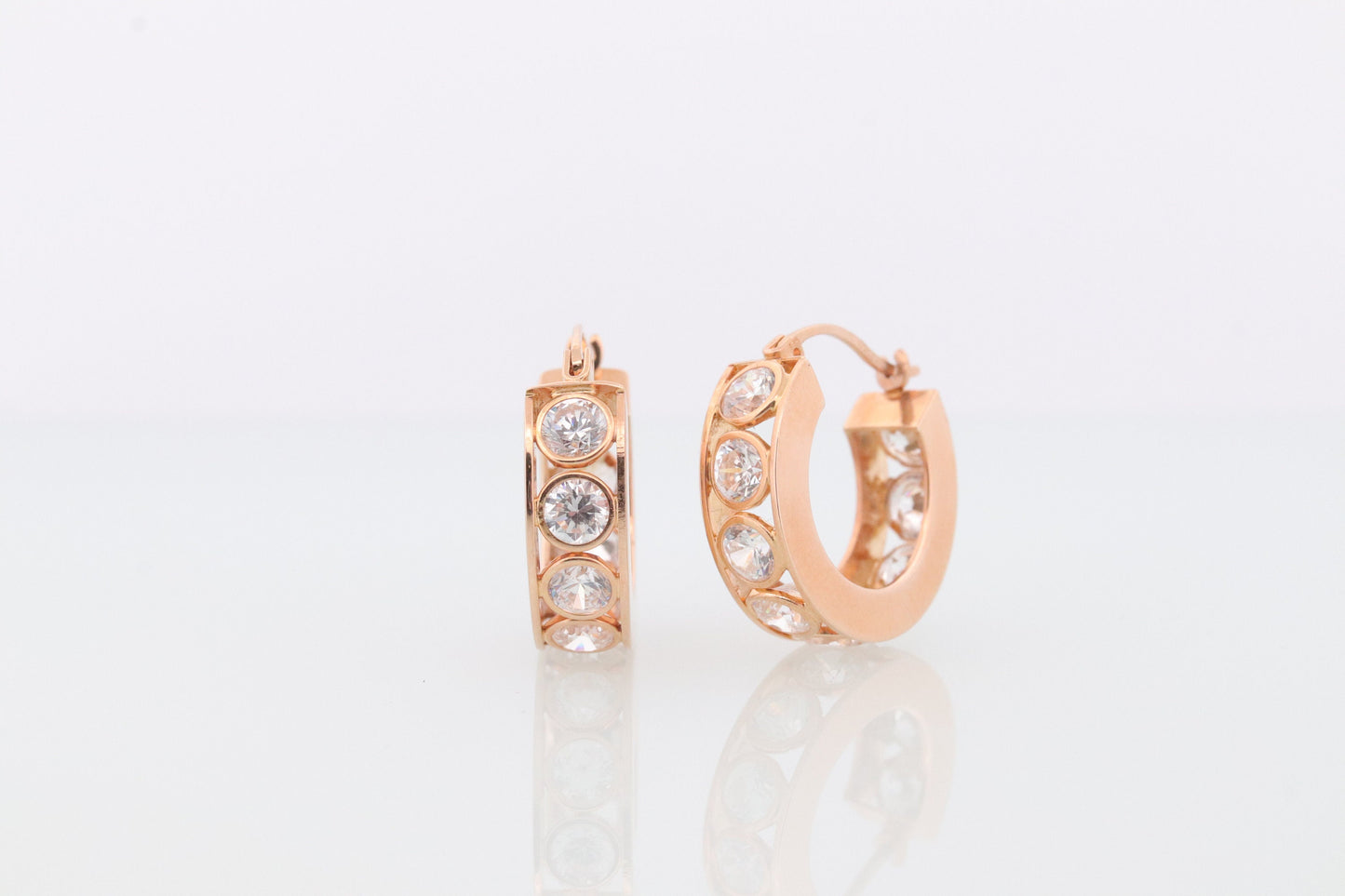 14k CZ Hoop Earrings. CZ Bezel set diamond HOOP Earrings. st(215)