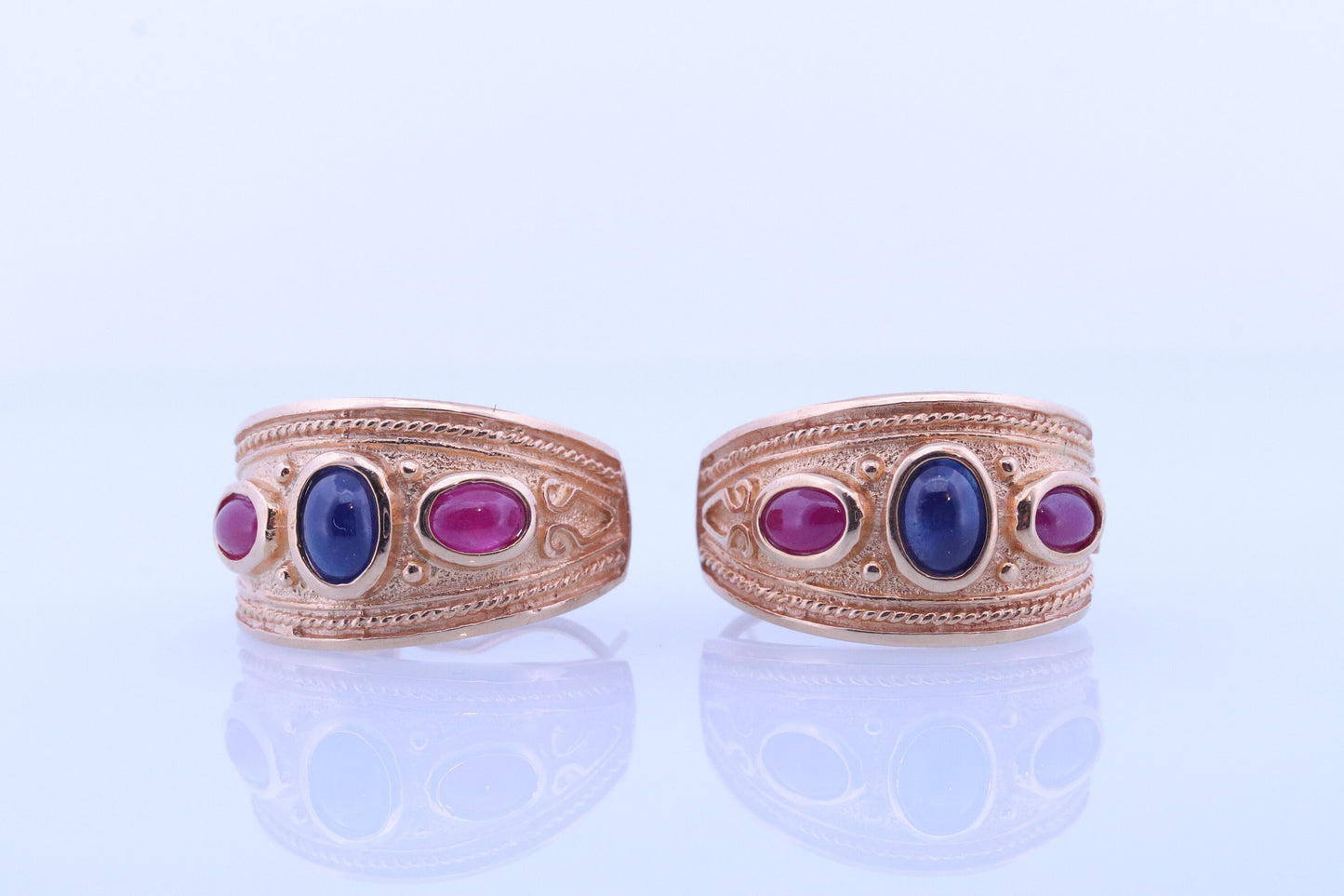 14k Ruby Sapphire Cabochon Byzantine Etruscan Earrings. 14k Gold Etruscan Revival Ruby Sapphire Dangle Bezel Set Omega Backs st(352)