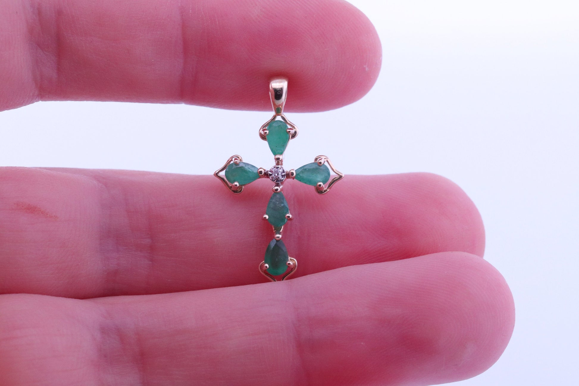 14k Emerald Cross Pendant. Emerald Diamond Crucifix Christian Pear cut set Emeralds. st(48)