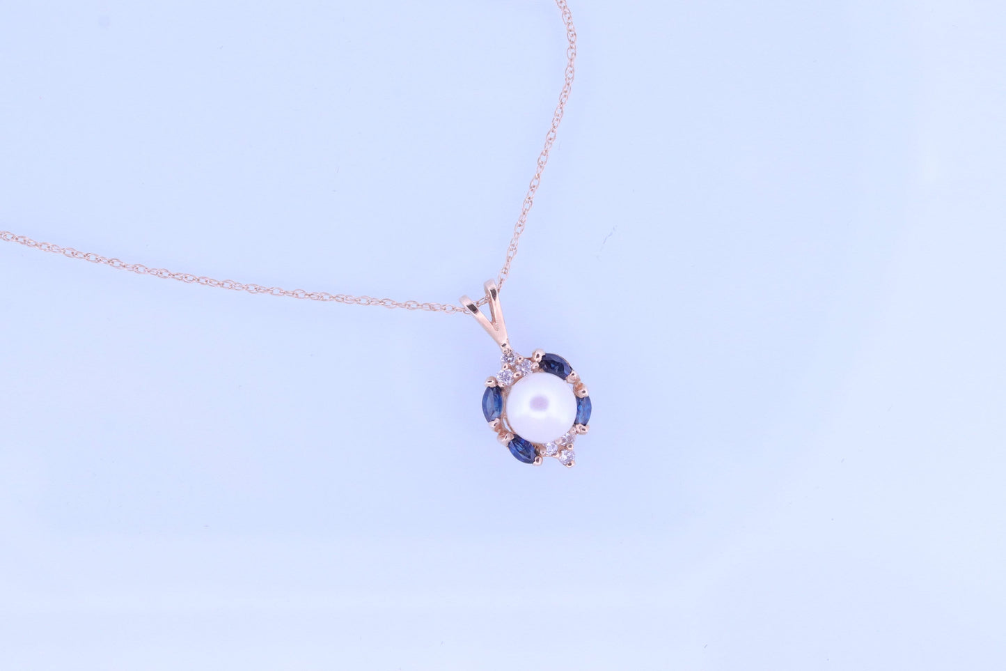 Pearl Sapphire diamond pendant. 14k Pearl Genuine diamond Sapphire halo pendant with rope necklace. Pearl Halo pendant Yellow gold. st(61)