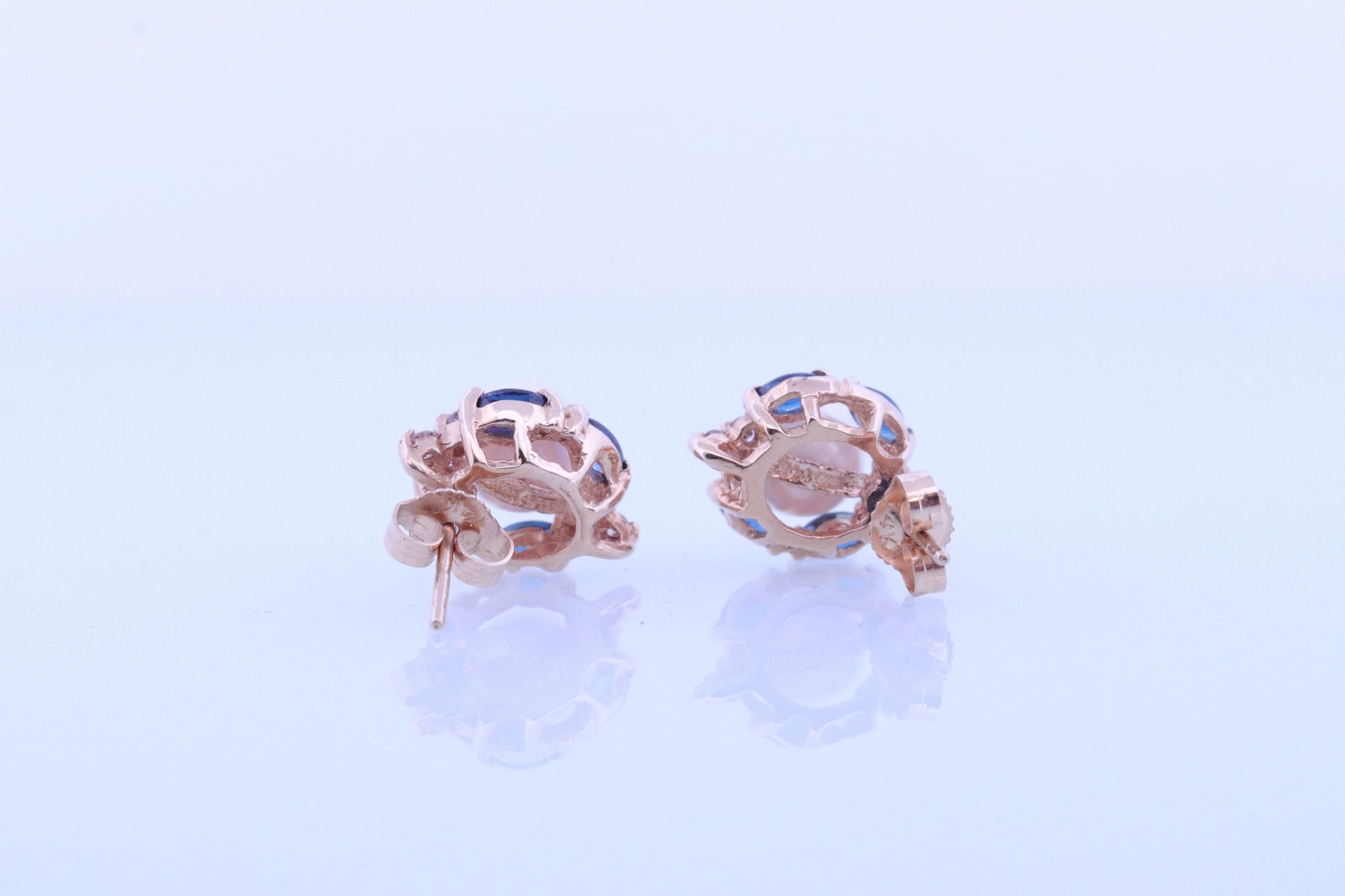 14k Pearl Diamond Sapphire stud earrings. Halo Pearl Diamond Blue Sapphire Elegant and Dainty Pearl diamond studs. st(61)