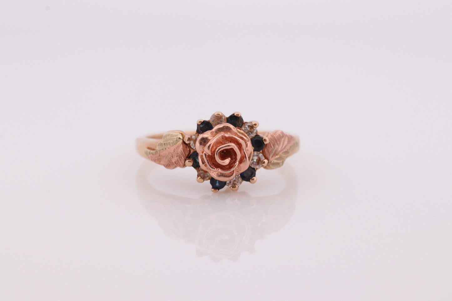 Black Hills Gold Ring Diamond Blue SAPPHIRE halo ring. 10k Multi-Tone Black Hills Gold band. Flower halo ring. st(62)