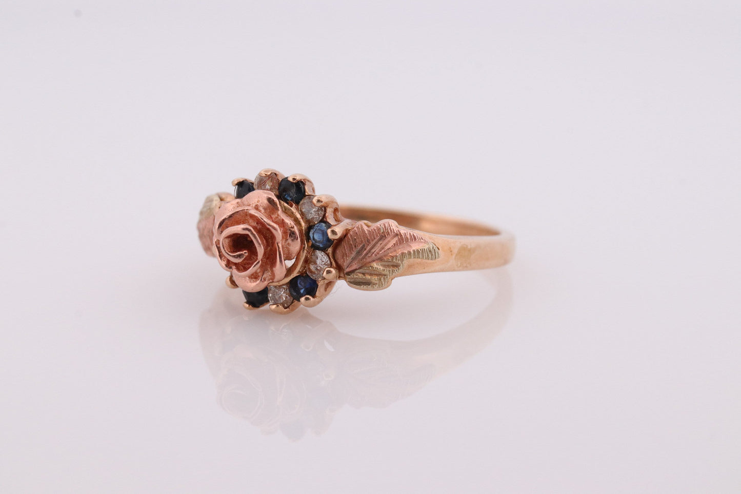 Black Hills Gold Ring Diamond Blue SAPPHIRE halo ring. 10k Multi-Tone Black Hills Gold band. Flower halo ring. st(62)