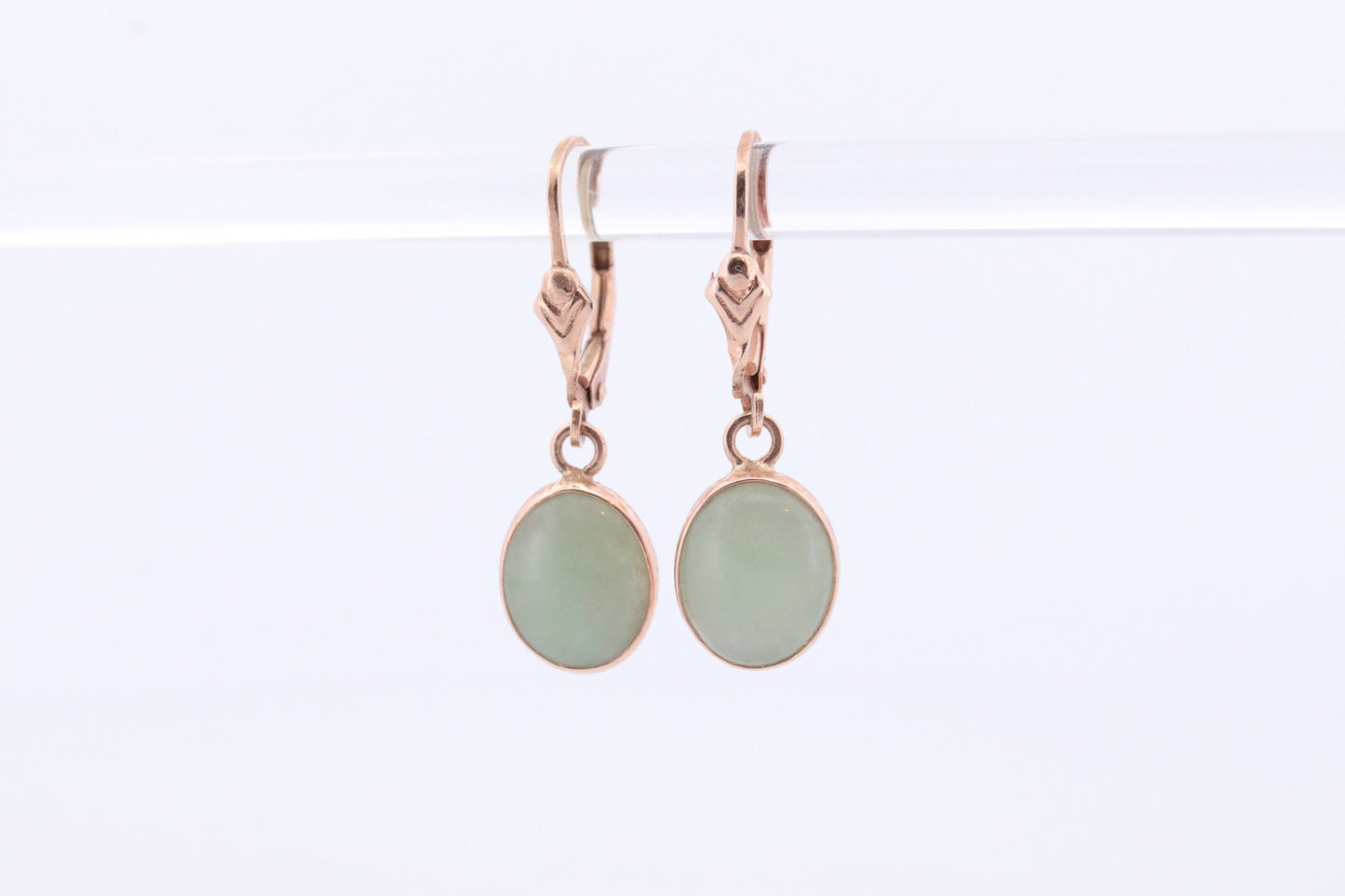 14k Green Jade dangle earrings. Oval Bezel set Jade earrings. st(78)