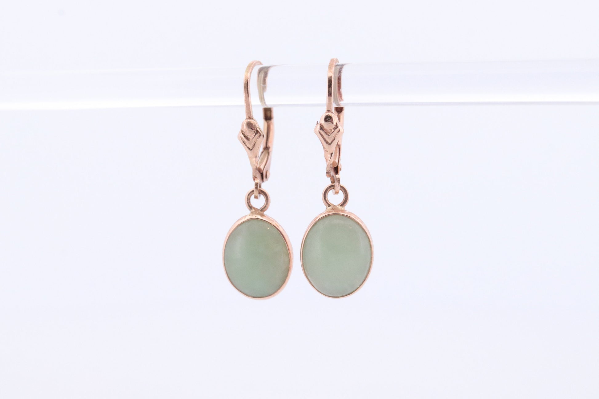 14k Green Jade dangle earrings. Oval Bezel set Jade earrings. st(78)