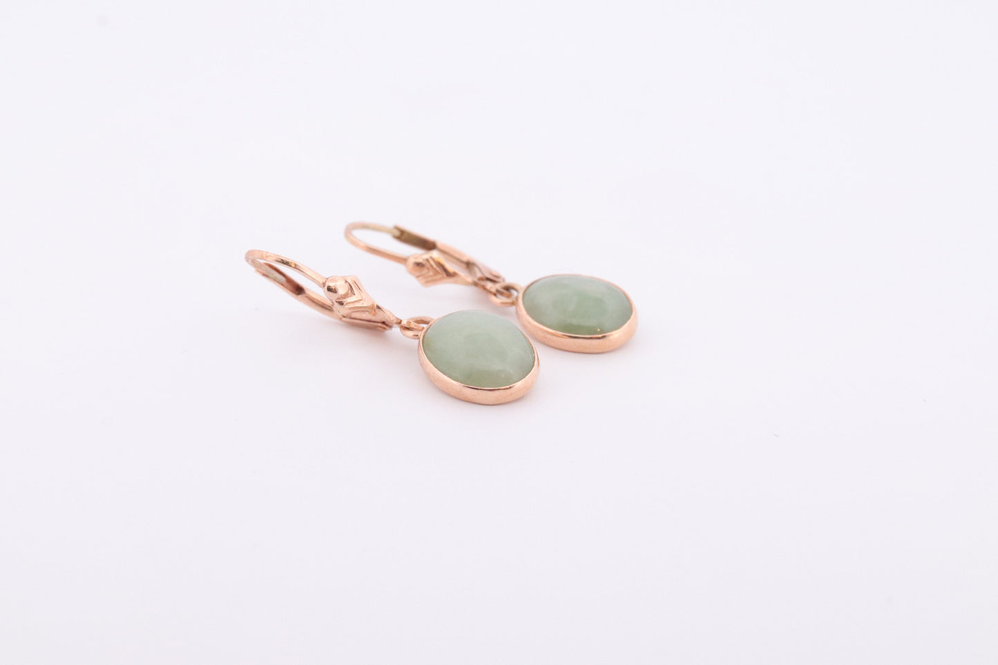 14k Green Jade dangle earrings. Oval Bezel set Jade earrings. st(78)