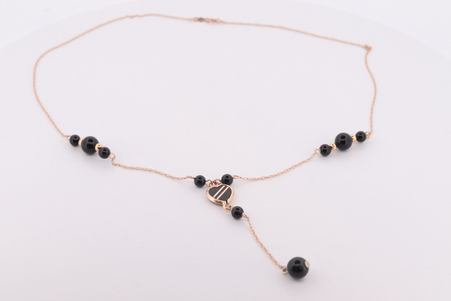 14k Onyx Bead Dangle Heart Necklace. 14k gold Onyx Beaded necklace st(46)